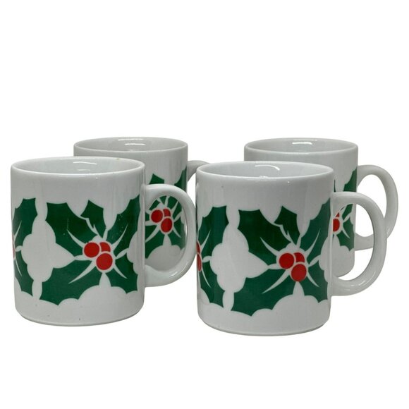 VTG 90s Holly Berry Christmas Mugs Set of 4, Green & Red Ceramic Coffee/Tea Cups - Picture 1 of 6